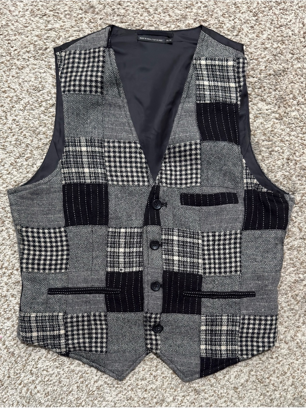 Club Monaco patchwork Medium vest made wool blend black white tweed patterns
